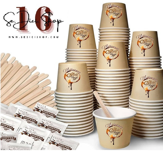 Kit Accessori Ecologico per Caffè - 150 Bicchieri - 150 Zucchero - 150 Palettine