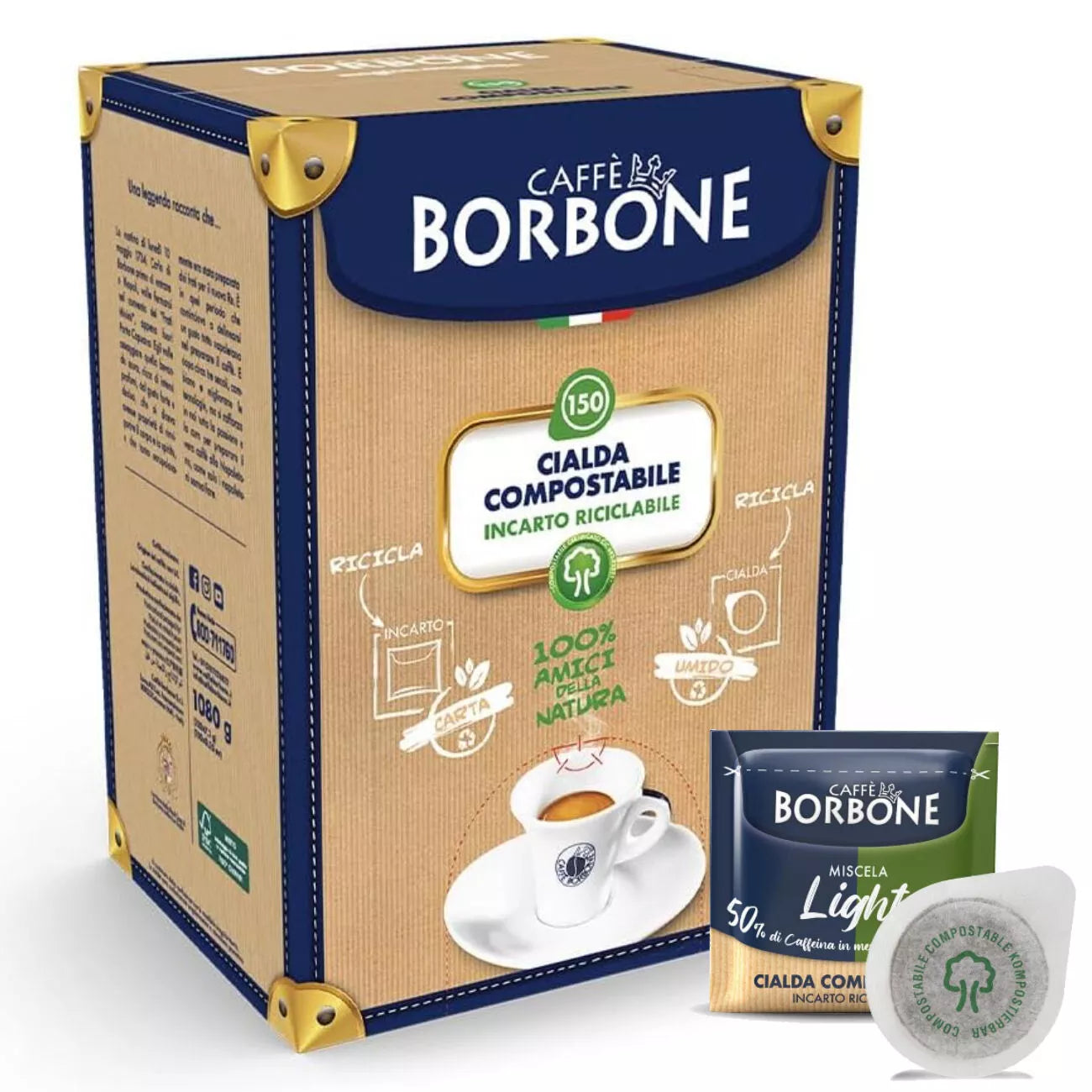 Caffè Borbone Cialde Compostabili Miscela LIGHT Meno Caffeina 50% Blu 50% Dek